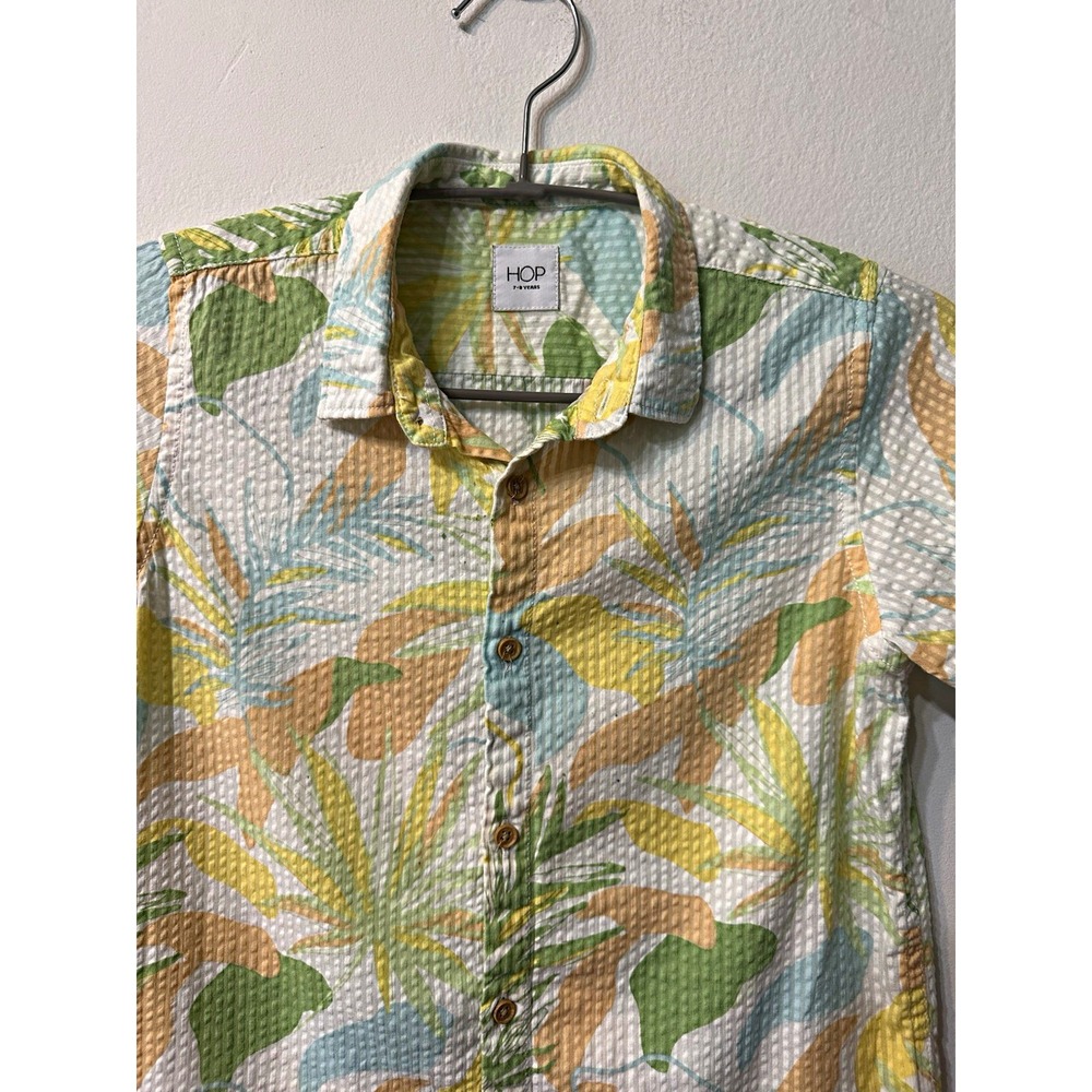 HOP Boys Tropical Palm Seersucker Shirt Size 7-8 Yrs 100% Cotton Short Sleeve